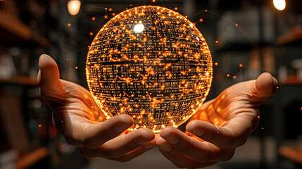 A conceptual image of hands gently cradling a luminous digital globe filled with binary code, implying global connectivity and data management
