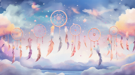 A mystical dream catcher hangs amidst the stars and clouds, a silent guardian of the night.