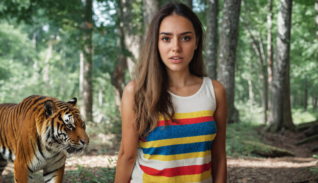 Shocked out of fear, a tiger approaches and wants to attack because looking for food, hunting and wilderness, dangerous forest, trees and sunshine, young woman, caucasian