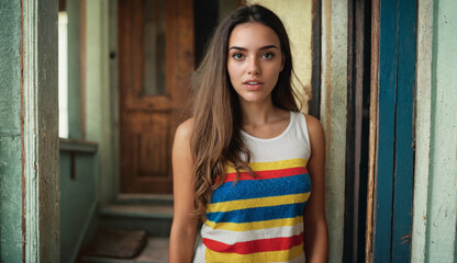 Fototapeta premium Astonished and amazed, a young woman stands at the front door of an old house, inheritance of a house or everyday life as a tenant, living and living, house and rent...