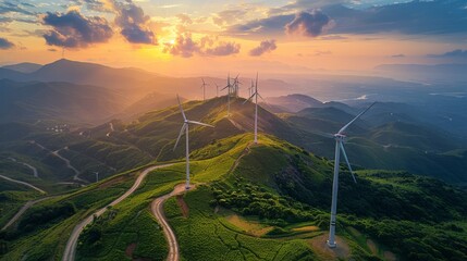 Renewable energy infrastructure, such as wind turbines and solar panels, as sustainable alternatives to mitigate the PM 2.5 dust crisis, maintaining naturalness in the portrayal of clean energy - obrazy, fototapety, plakaty