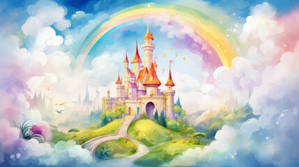 A picturesque castle under a vibrant rainbow, nestled among fluffy clouds, evoking a serene and magical atmosphere.