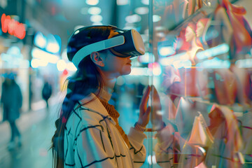 Woman wearing a VR headset and see minimal VR interface, application icon.
Virtual Augmented Reality Headset for Online Shopping used by young girl.