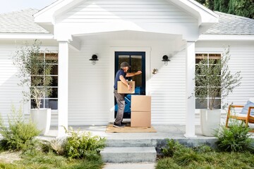 Home package delivery man knocking the front door