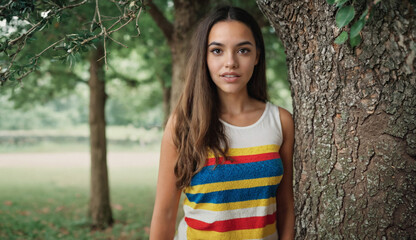 Fototapeta premium Woman leaning on a tree at the edge of the forest or city park, nature and summer, light and sun rays, good mood, smiling