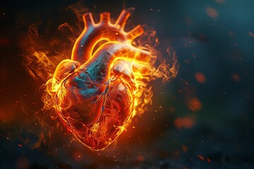 A hyper-realistic image of an anatomical Heart bursting with vibrant flames