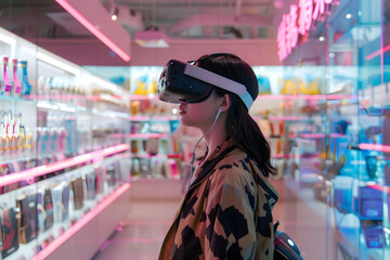Woman wearing a VR headset and see minimal VR interface, application icon.
Virtual Augmented Reality Headset for Online Shopping used by young girl.