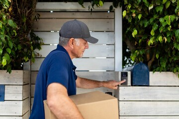 Courier man ringing doorbell, package delivery service image