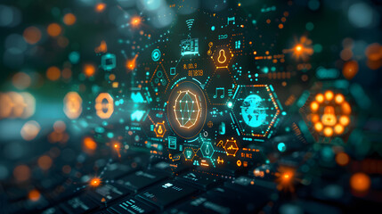 Digital visualization of a cybersecurity network with glowing elements and icons on a dark background, symbolizing advanced protection