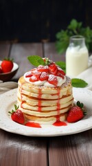 stack of pancakes with strawberries with cream and milk in plate