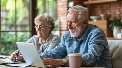An elderly couple reviewing their retirement funds with financial documents and a laptop