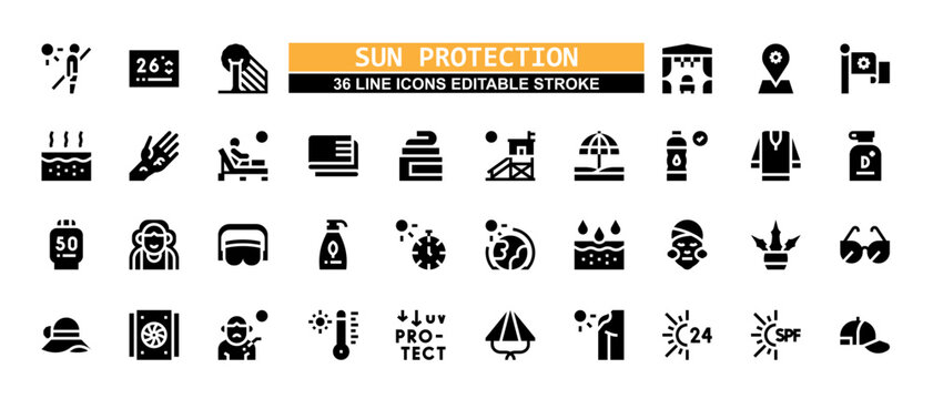 36 Sun Protection Line Icons Set Pack Editable Stroke Vector Illustration.