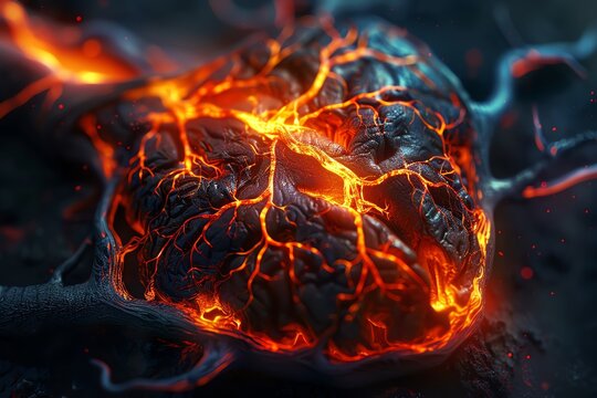 A hyper-realistic image of an anatomical Parathyroid glands bursting with vibrant flames