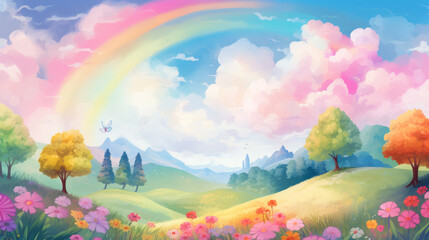 A vibrant landscape painting featuring a radiant rainbow arching over lush trees and blooming flowers.