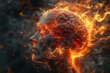 A hyper-realistic image of an anatomical Cerebellum bursting with vibrant flames