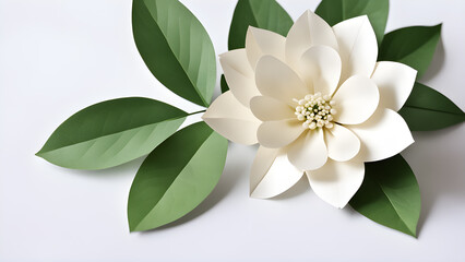 Beautiful white flower with green leaves on white background, top view