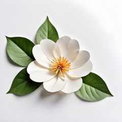White magnolia flower with green leaves on white background. Top view