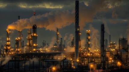 Fototapeta premium Illuminated industrial complex against a twilight sky