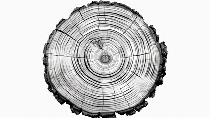 An artful black and white illustration of a tree trunk showing the concentric circles of a trees growth rings in a captivating pattern