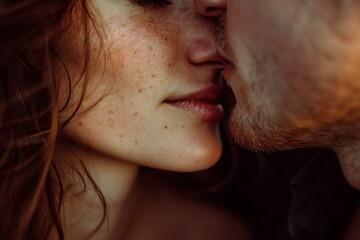 A close-up shot capturing the intimate moment of a man kissing a woman. Perfect for romantic themes and expressions of love