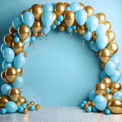 Festive background with blue and golden balloons on a blue wall.