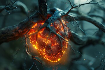 A hyper-realistic image of an anatomical Adrenal glands bursting with vibrant flames