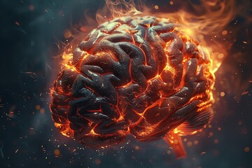 A hyper-realistic image of an anatomical Ventricles of the brain bursting with vibrant flames