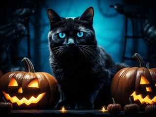 A black cat is sitting in front of two jack-o'-lanterns