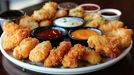 Deep fried shrimp dumplings served with sauces and mayonnaise