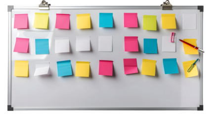 Whiteboard with Project Timeline and Sticky Notes for Office and Business Planning, Isolated on White, Transparent Background, PNG File, Hand Edited Generative AI