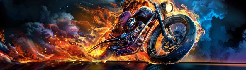 A motorcycle is shown with flames coming out of it. The image has a fiery and adventurous mood