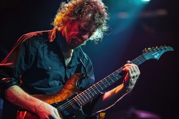 Obraz premium A skilled guitarist performing a solo on stage, with fingers flying across the fretboard and a focused expression.