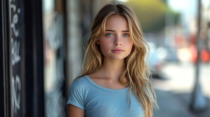 Beautiful blonde 16 year teen girl model, outdoors on a city sidewalk