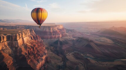 Hot air balloon floating over Grand Canyon with copy space area.