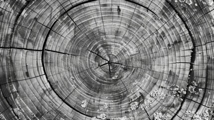 A monochrome image of a tree stump displaying the intricate rings of a tree, highlighting the natural pattern and texture of the woody trunk