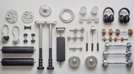 objects, white, minimal, background, Magazine-style photography showcases the effectiveness of fitness equipment and workout attire.