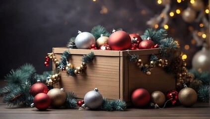 New Year and Christmas decorations, garlands and balls in a box. Christmas card, holiday concept
