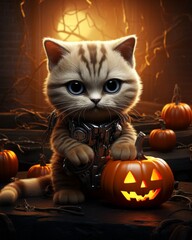 A cute kitten wearing a Halloween costume is sitting in a dark room