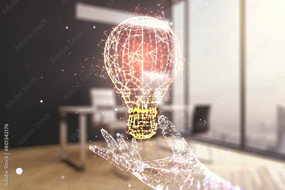 Poster creative idea concept with light bulb illustration and modern desktop with computer on background. m