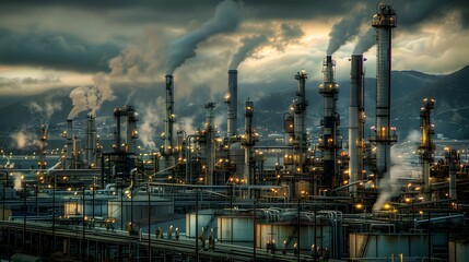 Obraz premium Industrial twilight smokestacks and luminous steel against brooding skies