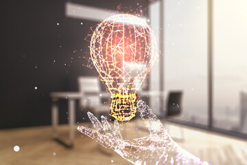 Creative idea concept with light bulb illustration and modern desktop with computer on background....
