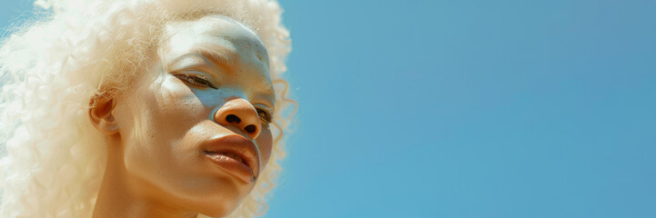 Portrait of an African albino girl with white hair and makeup on a blue sky background.