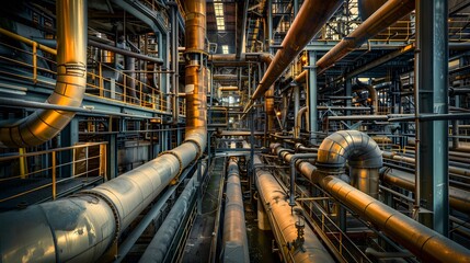Intricate maze of industrial piping in a factory
