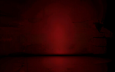 Empty dark red studio room with rough cement walls and floor. Grunge style. Template for displaying a product.