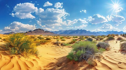 Wide-angle shot of a desert landscape with sand dunes in springtime, copy space