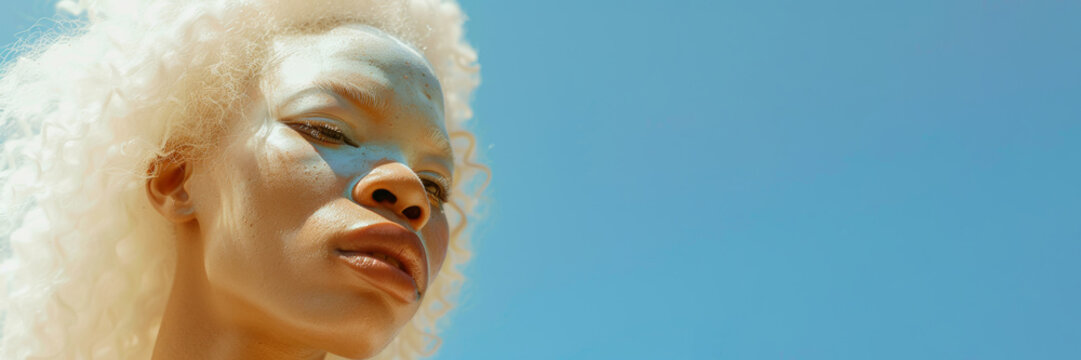 Portrait of an African albino girl with white hair and makeup on a blue sky background.