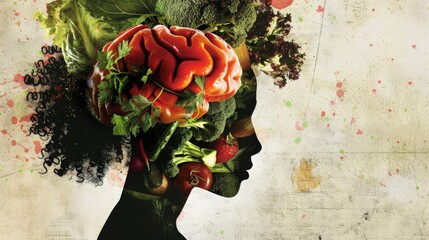 Artistic representation of a female silhouette with vegetables in the shape of a brain, promoting nutritional psychology