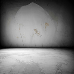 Empty white studio room with plastered walls and cement floor, grunge style. Template for displaying a product.
