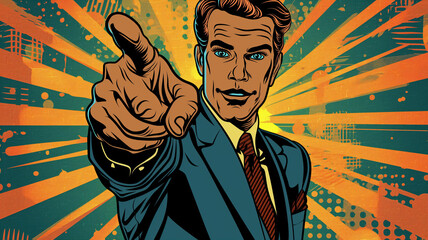 Pop art business concept. Manager points to company targets with finger. Manager presents company plans.