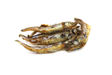 Seafood. Fried small sea fish, anchovies, capelin fish, isolated on white background